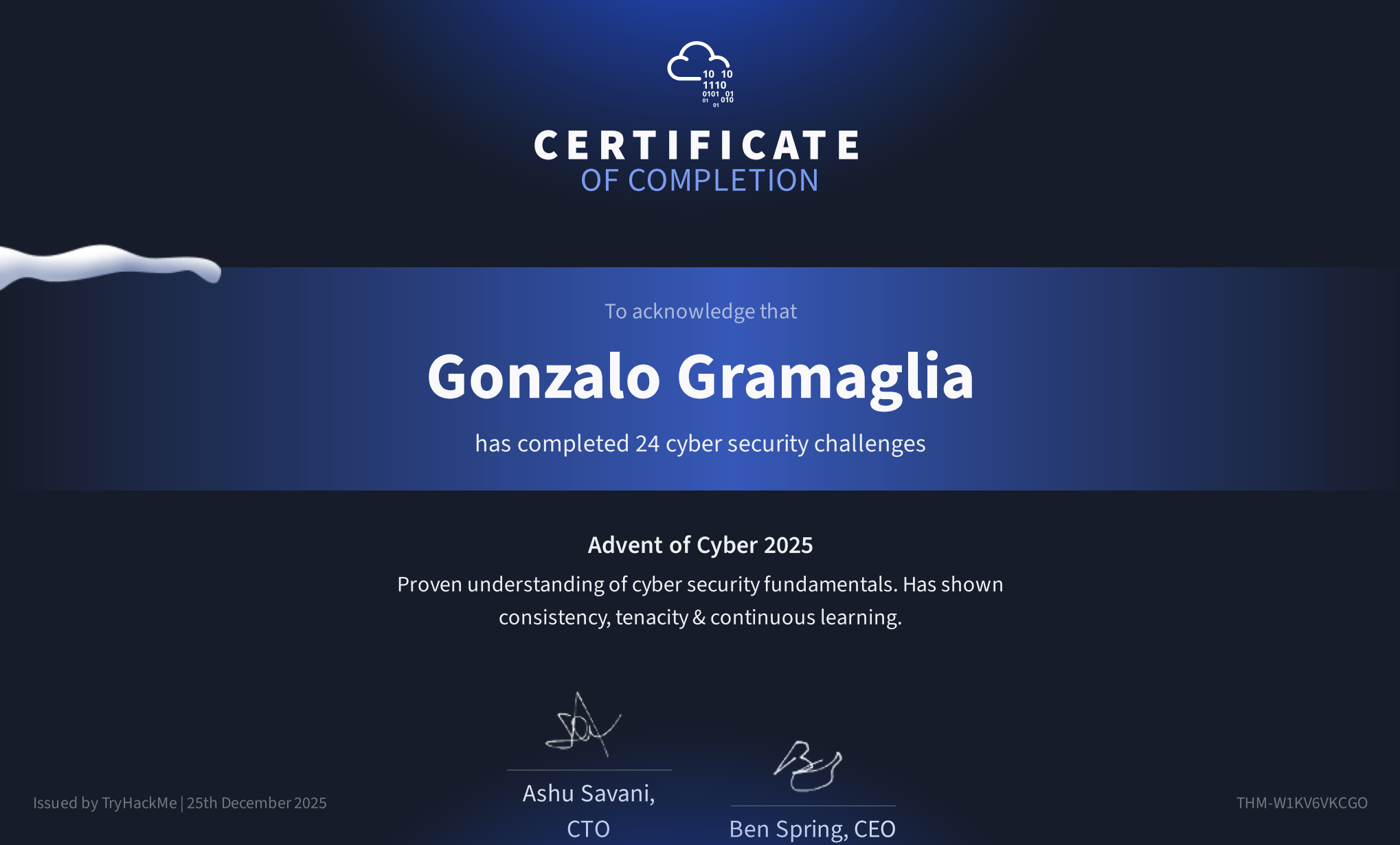 Advent of Cyber 2025 Certificate